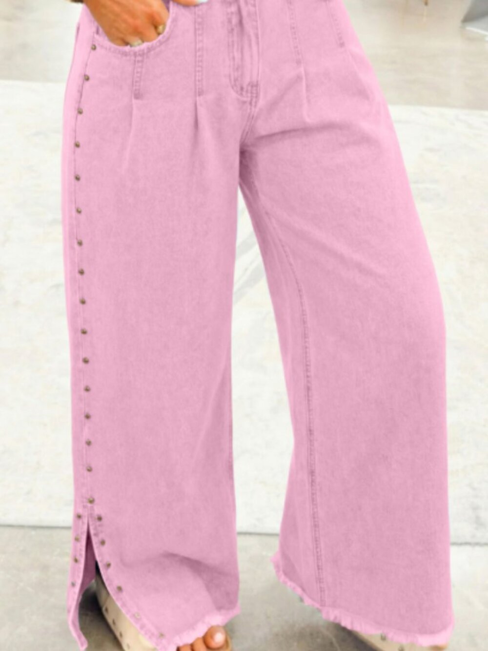 Pink Beaded Side Detail Split Loose Jeans